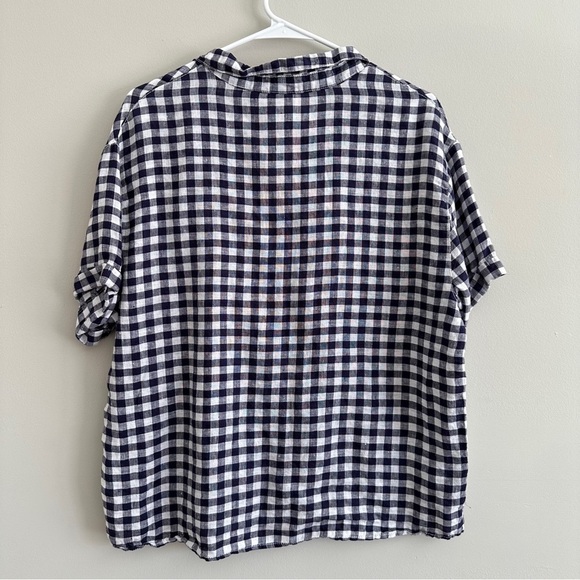 C&C California 100% Linen Blue & White Gingham Checkered Button-front Top Medium - Picture 2 of 6